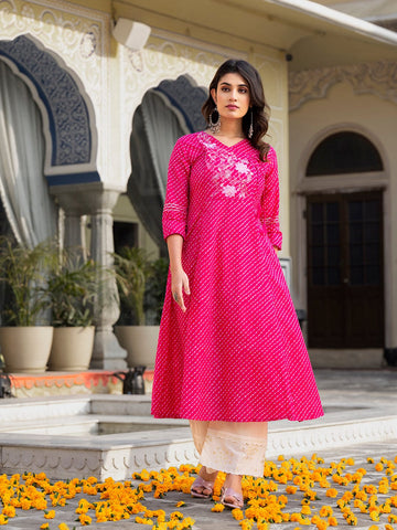 Varanga Women Pink & White Leheriya Printed Angrakha Kurta With Embroidery